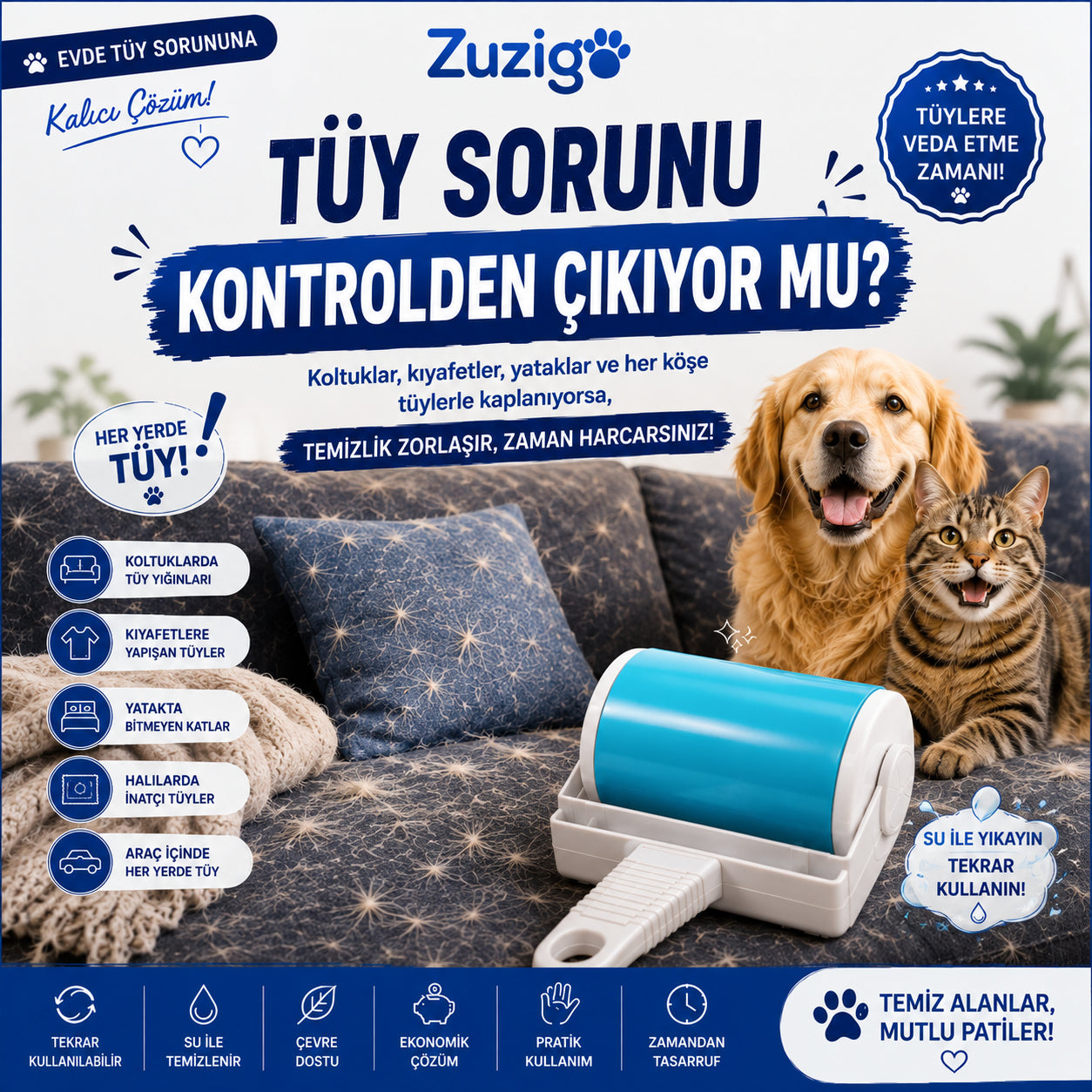 Kedi & Köpek Tüy Toplama Rulosu | Yıkanabilir ve Yeniden Kullanılabilir Tüy Temizleyici