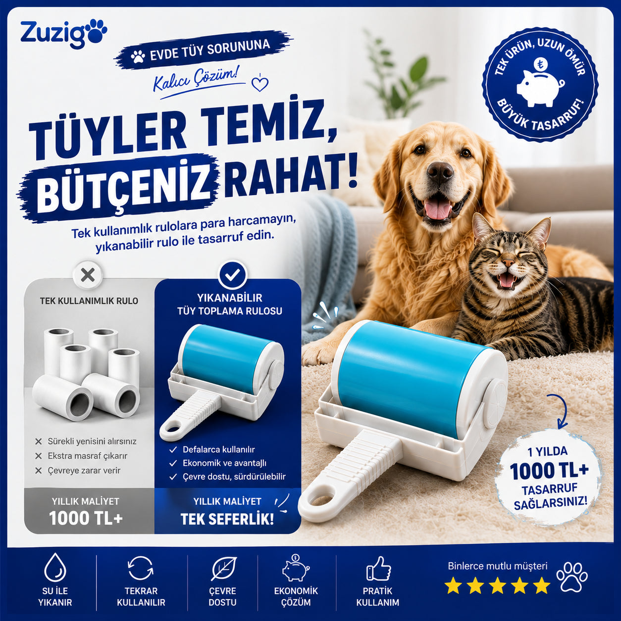 Yıkanabilir Tüy Toplama Rulosu | Kedi & Köpek Tüy Temizleme Aparatı | Yeniden Kullanılabilir