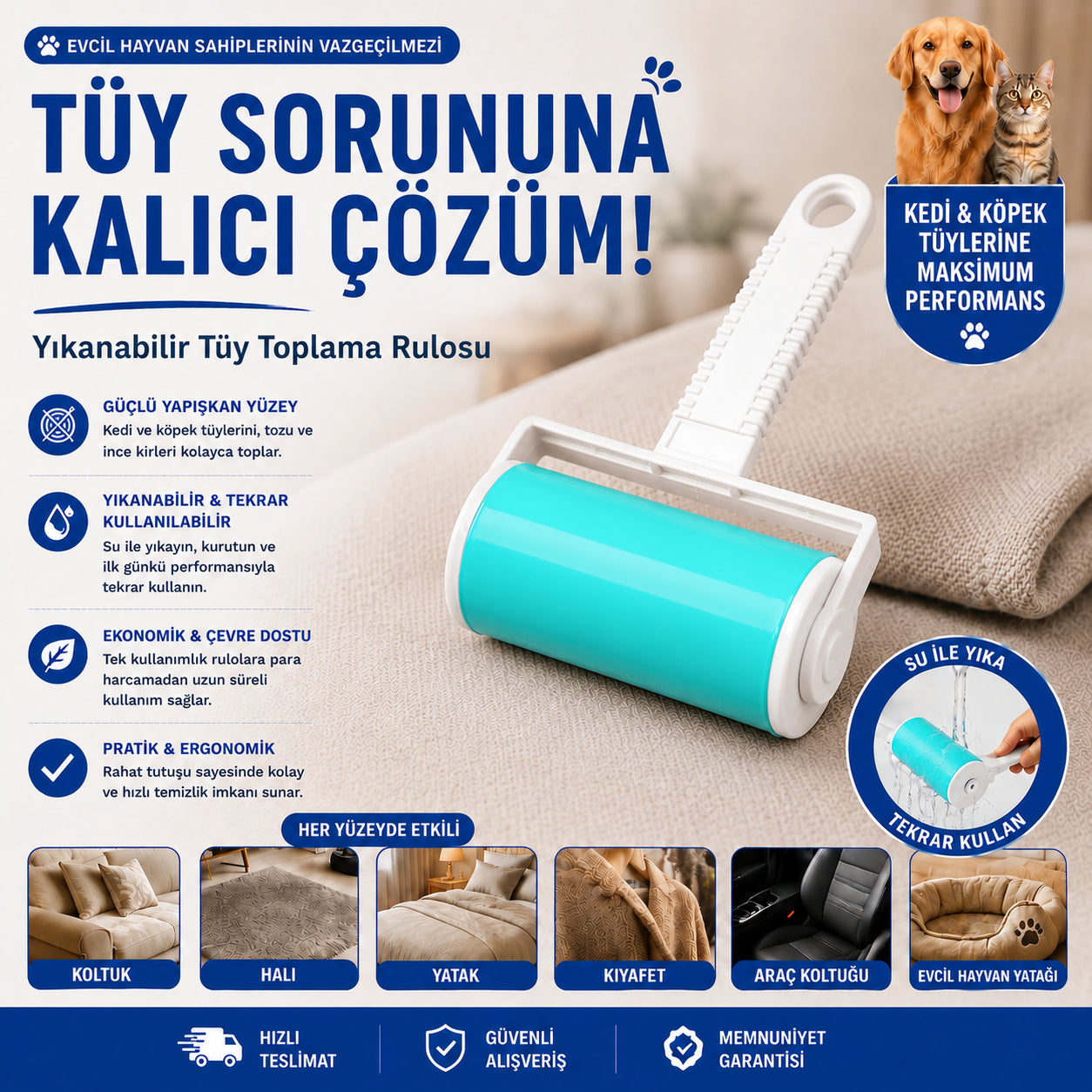 Yıkanabilir Tüy Temizleme Rulosu | Kedi ve Köpek Tüy Toplayıcı | Pratik & Yeniden Kullanılabilir