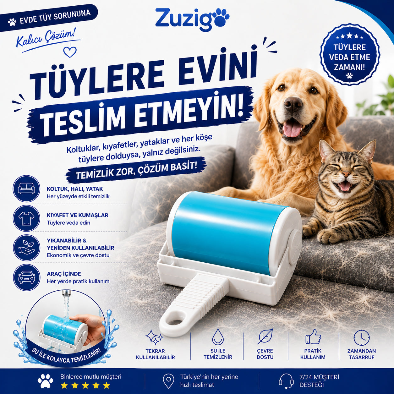 Yeniden Kullanılabilir Tüy Toplama Rulosu | Kedi & Köpek Tüy Temizleme Aparatı
